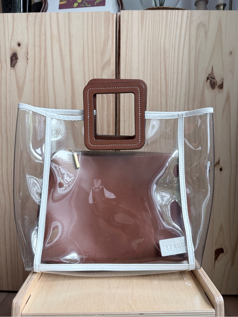 STAUD Clear Tote with Brown Pouch and White Trim Square Handle